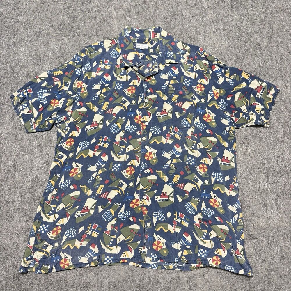 VTG Maus & Hoffman Cupro Camp Shirt XL Geometric Abstract Nautical Sailboat